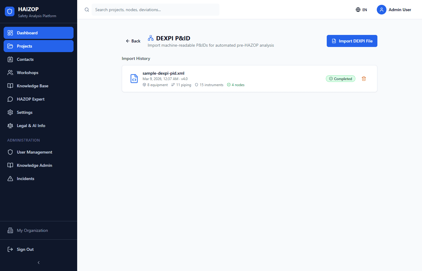 DEXPI P&ID import with equipment extraction and topology graph
