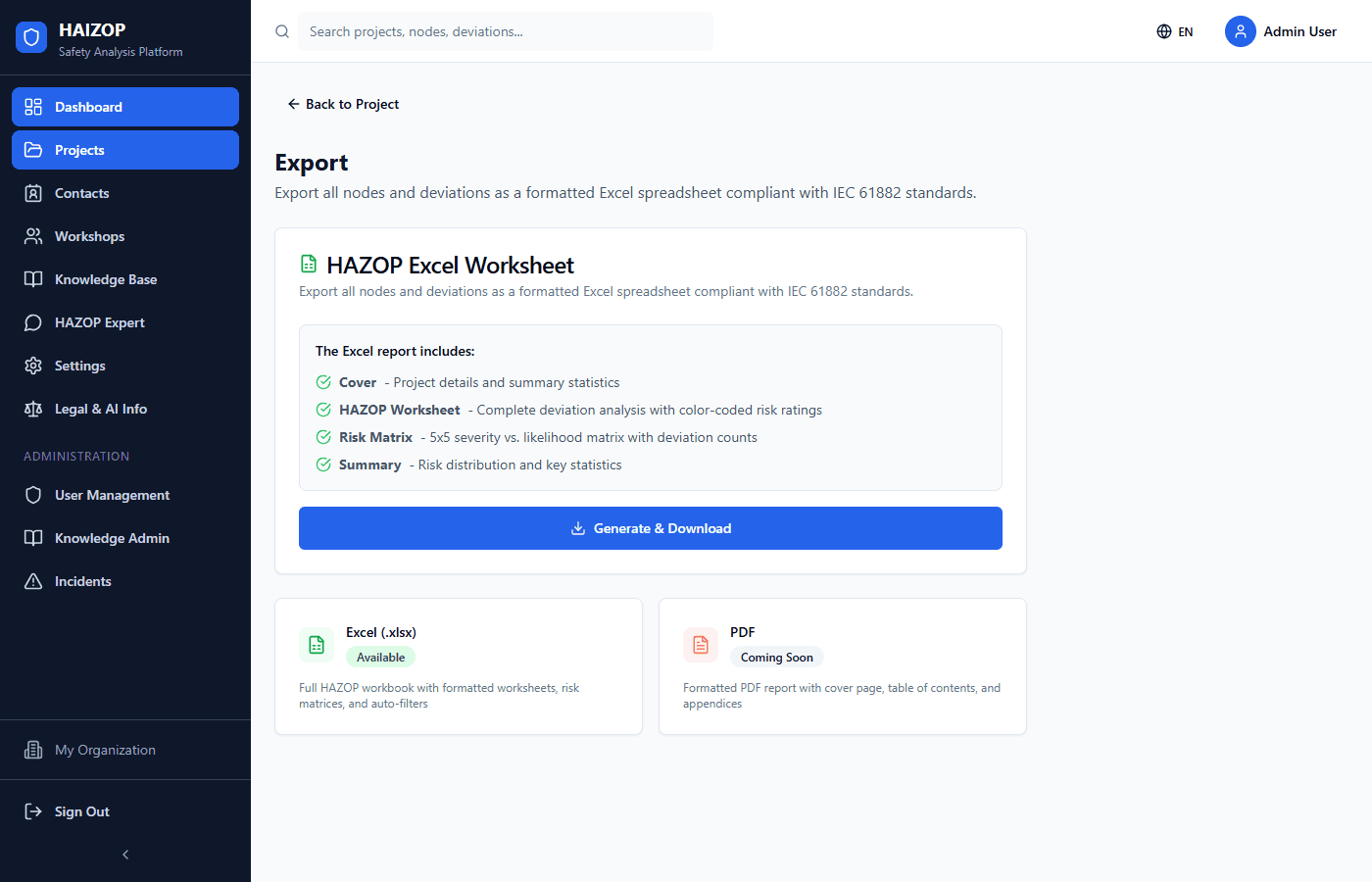 Professional Excel export with risk matrices and action item tracking